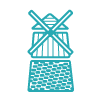 Simple line drawing of a windmill in blue color.