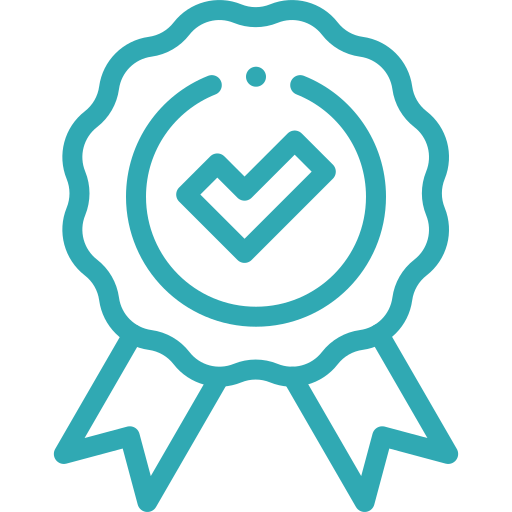 Turquoise line art medal with a checkmark in the center.