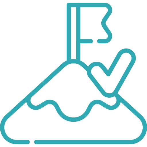 Outline of a mountain with a flag on top and a checkmark.