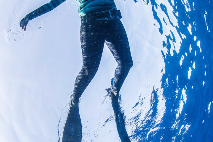 Person swimming underwater with flippers, viewed from below against a blue background.