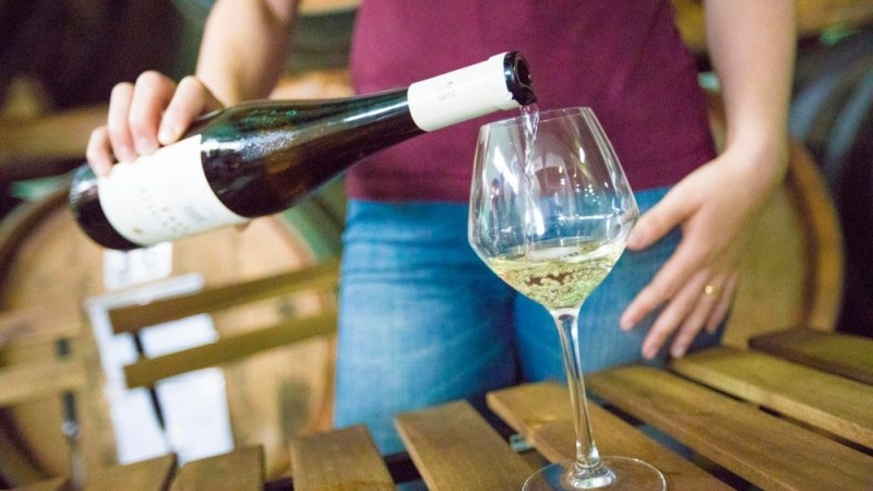 Person pouring white wine into a glass on a wooden table in a cellar.