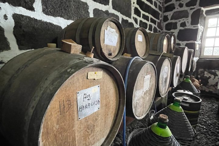 Wooden barrels and demijohns in a stone-walled storage room with a window.