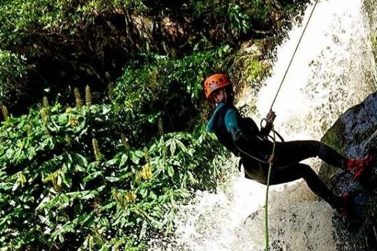 Person rappelling down a waterfall with lush greenery around, wearing a helmet and harness.