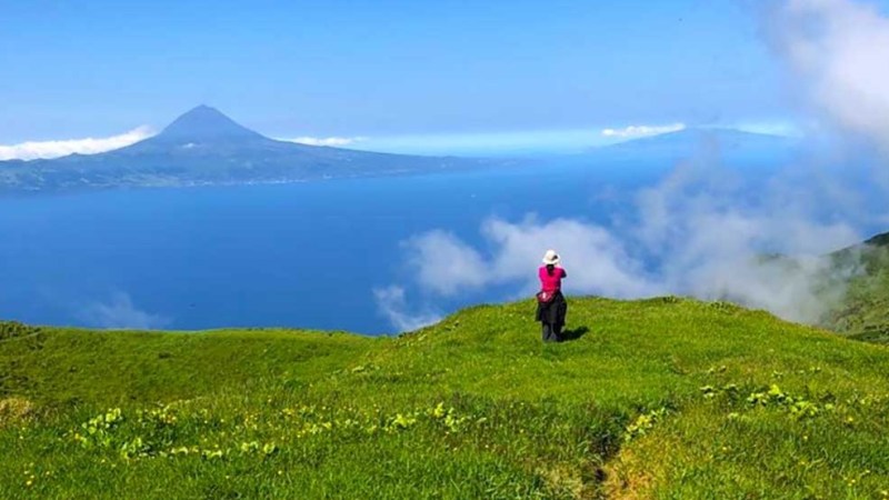 Person standing on green hilltop overlooking ocean with distant mountains under a clear blue sky.