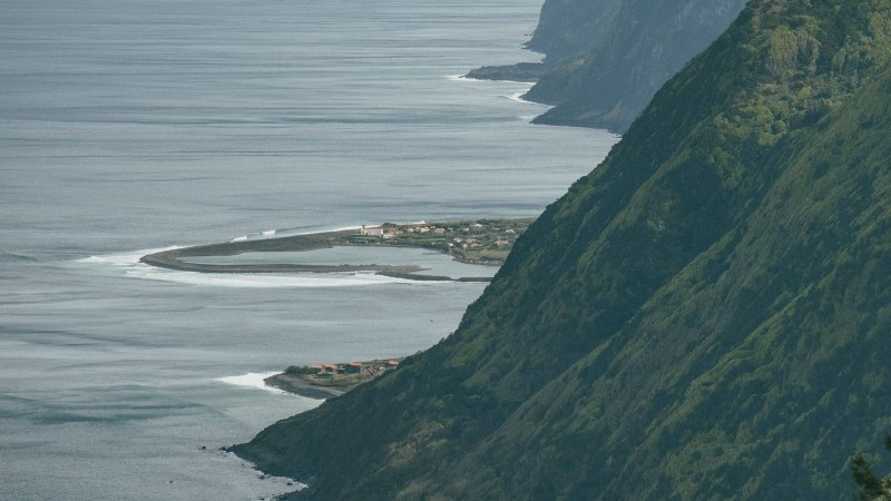 View of a coastal cliff with lush greenery and a small settlement by the ocean.