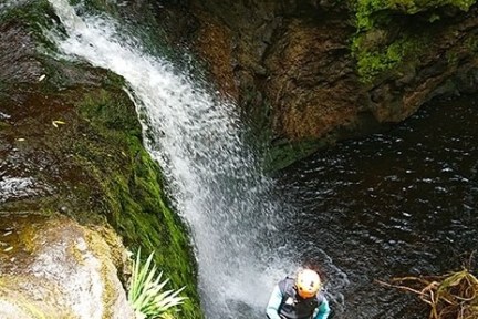Person in gear rappelling down a waterfall in a rocky, green environment.