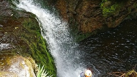 Person in gear rappelling down a waterfall in a rocky, green environment.