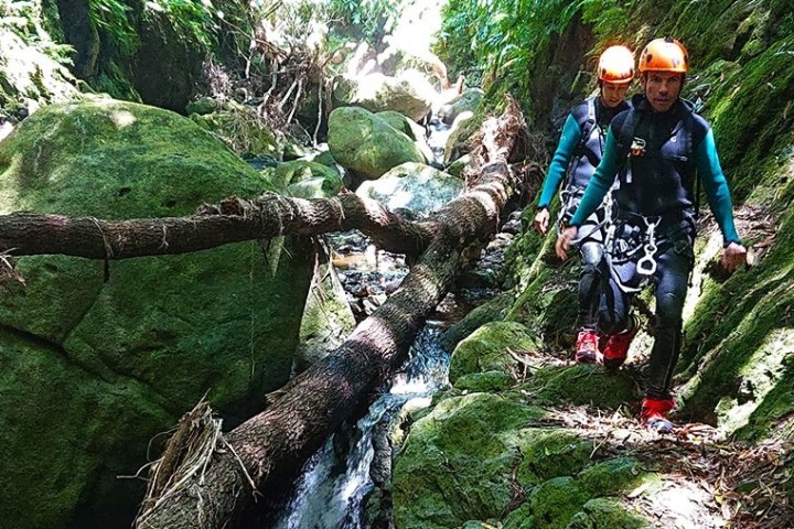Two people in helmets hiking along a forest stream with mossy rocks.