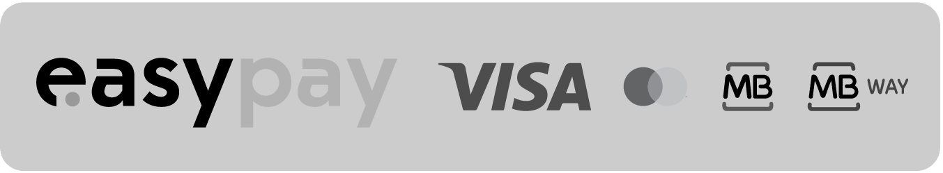 Logos of Easypay, Visa, Mastercard, Multibanco, and MB Way on a gray background.